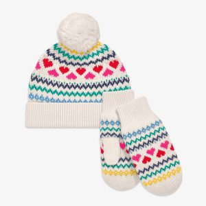 Kids knit beanie & mittens set in heart fair isle
