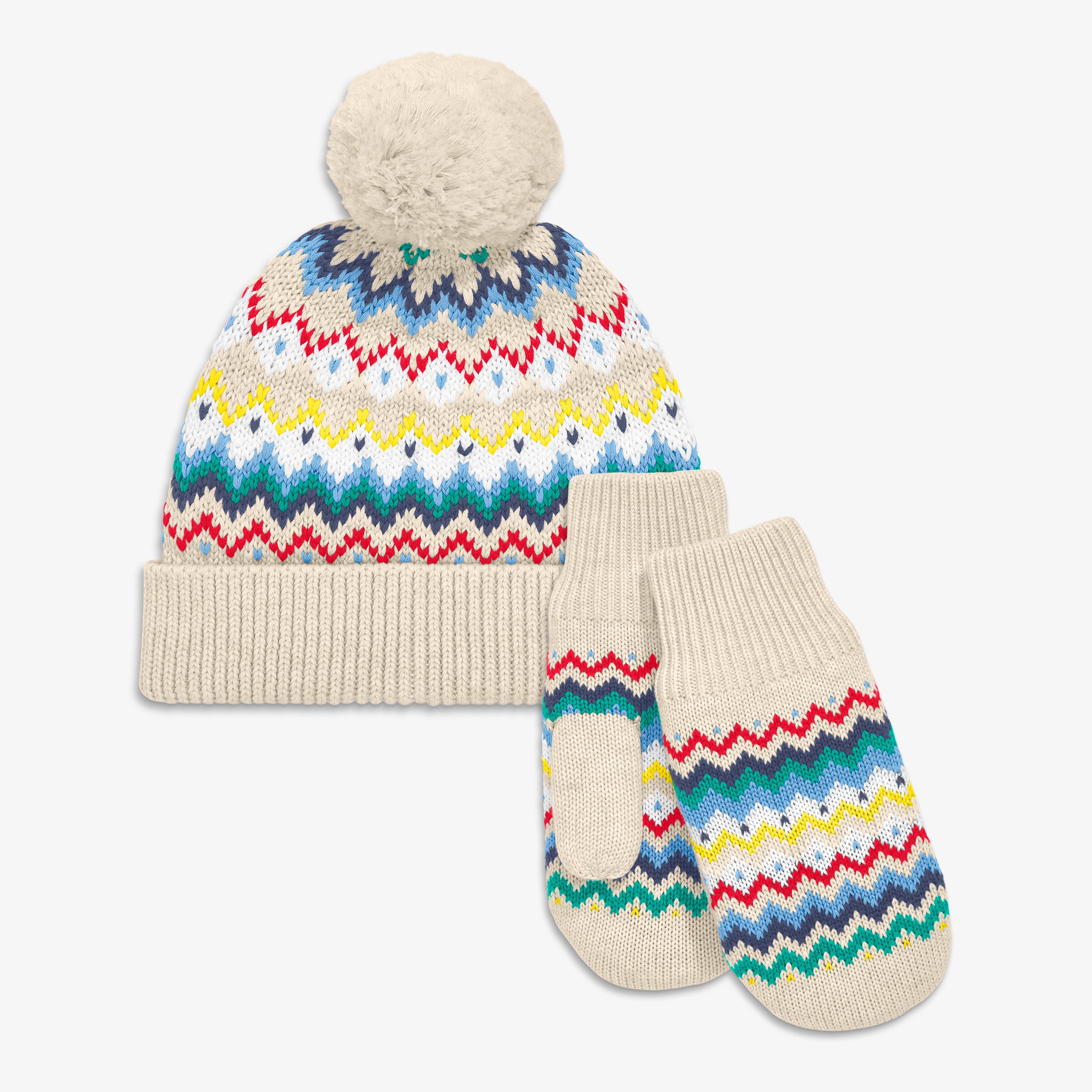 Kids knit beanie & mittens set in rainbow fair isle