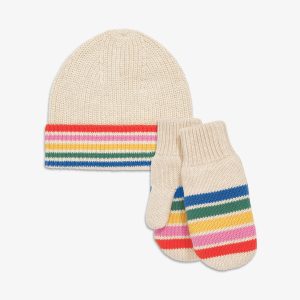 Kids knit beanie & mittens set in rainbow stripe